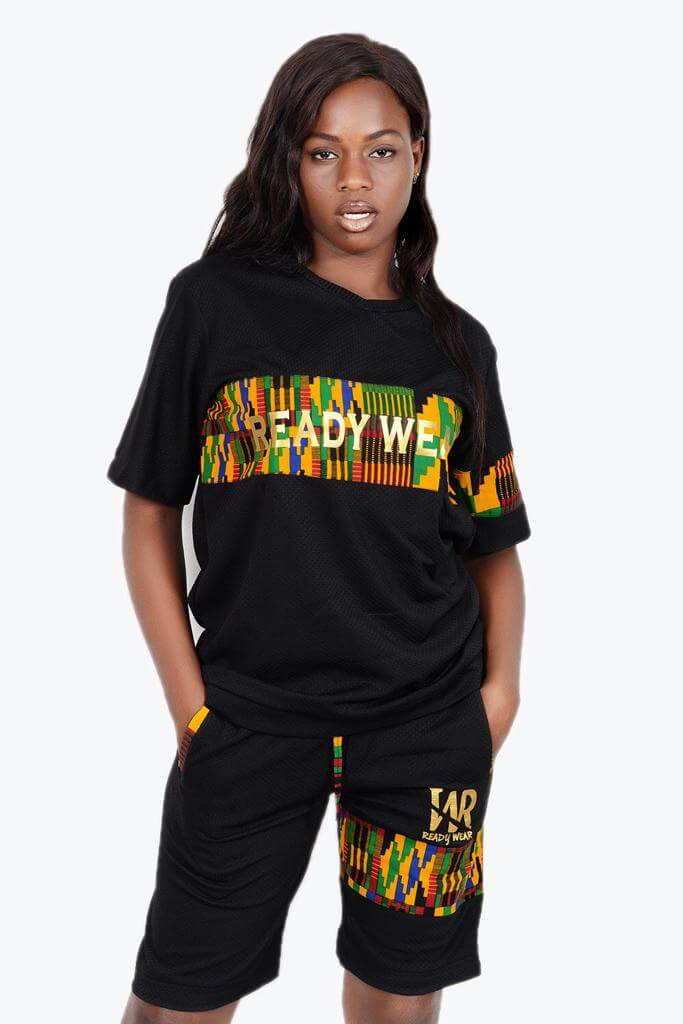 T-shirt & Short à manches courtes imprimé africain kita unisexe (Dru Noir)
