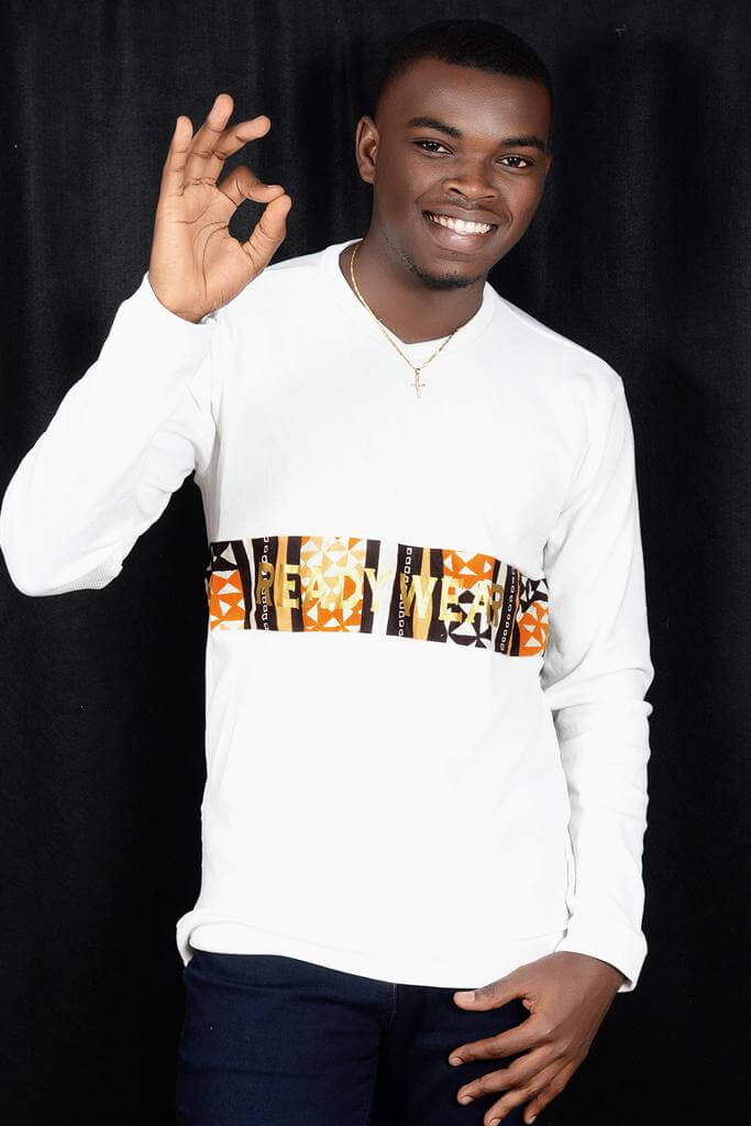 T-shirt à manches longues col imprimé africain woodin unisexe (H/F - Blanc Marron Jaune)