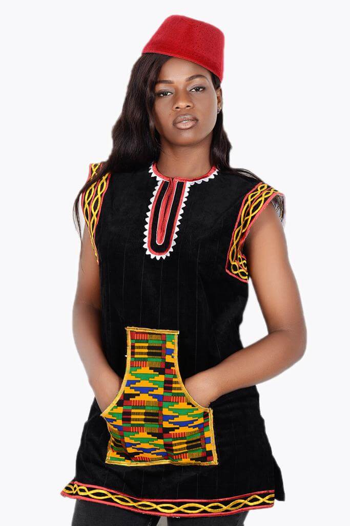 Tenu africaine Toghu imprimé de kita unisexe (Noir Rouge Or)
