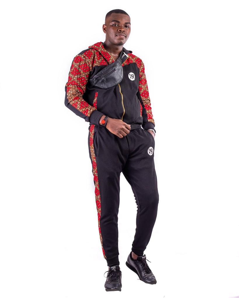 Reder Jogging à capuche imprimé africain pour hommes (Noir /Pagne rouge noir)