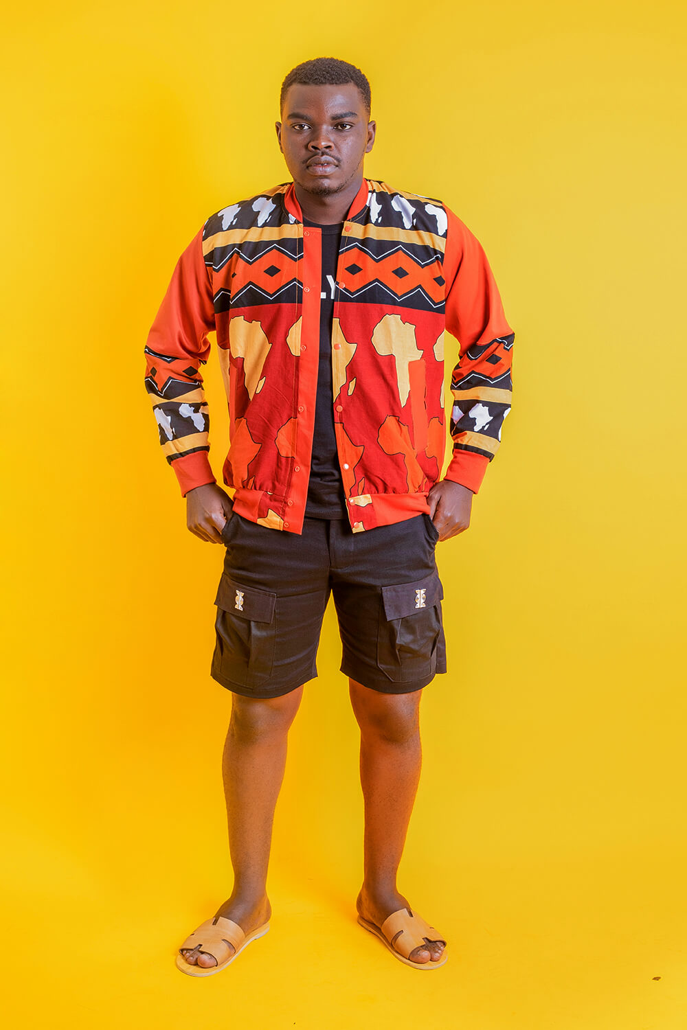 Bomber Africa imprimé bogolan (Noir Rouge Jaune)