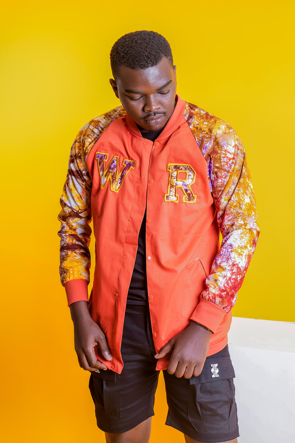 Bomber baseball indigo imprimé (Orange Blanc)