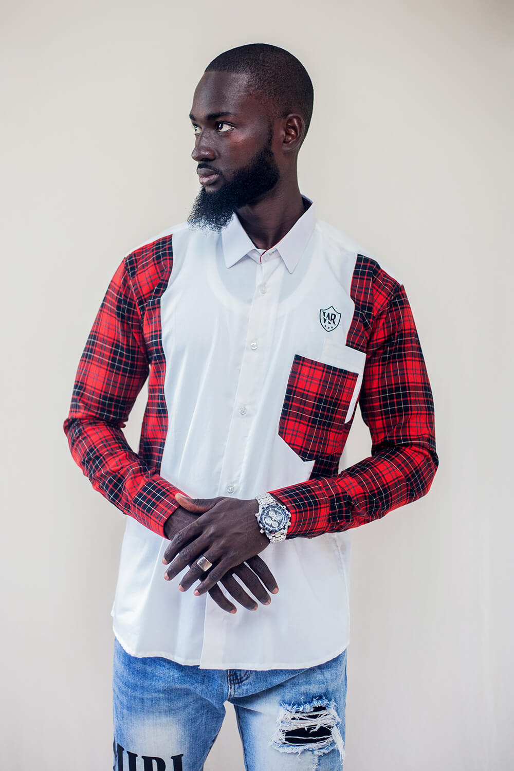 Mi-bûcheron chemise boutonnée pour hommes (Blanc / Rouge / Noir)