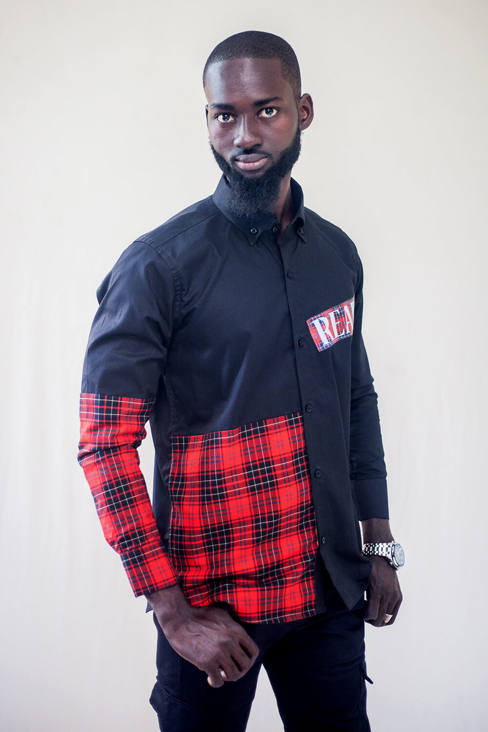 Chemise boutonnée imprimé tissu carreaux pour hommes (Noir/ Rouge)