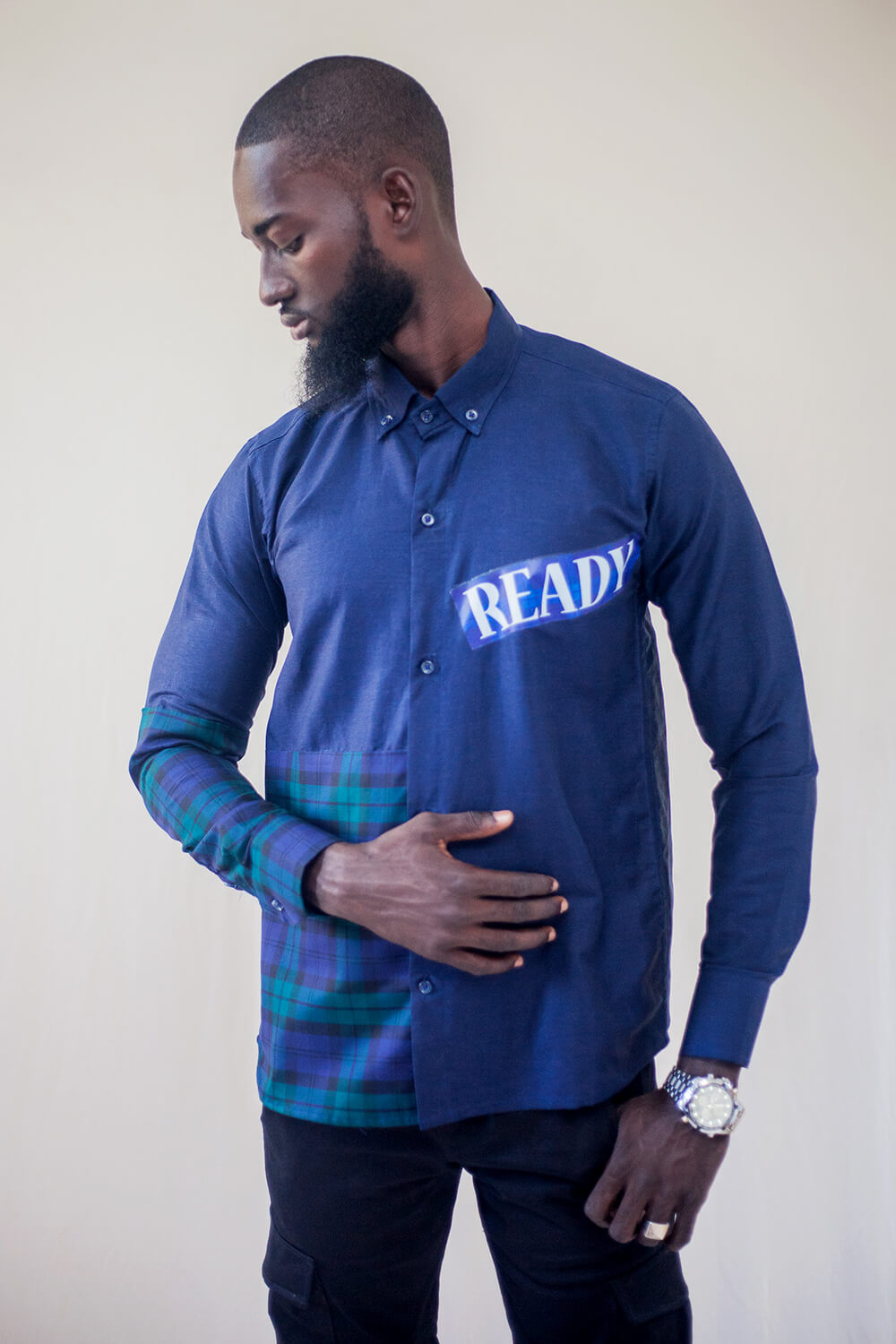 Chemise boutonnée imprimé tissu carreaux pour hommes (Bleu / Vert)