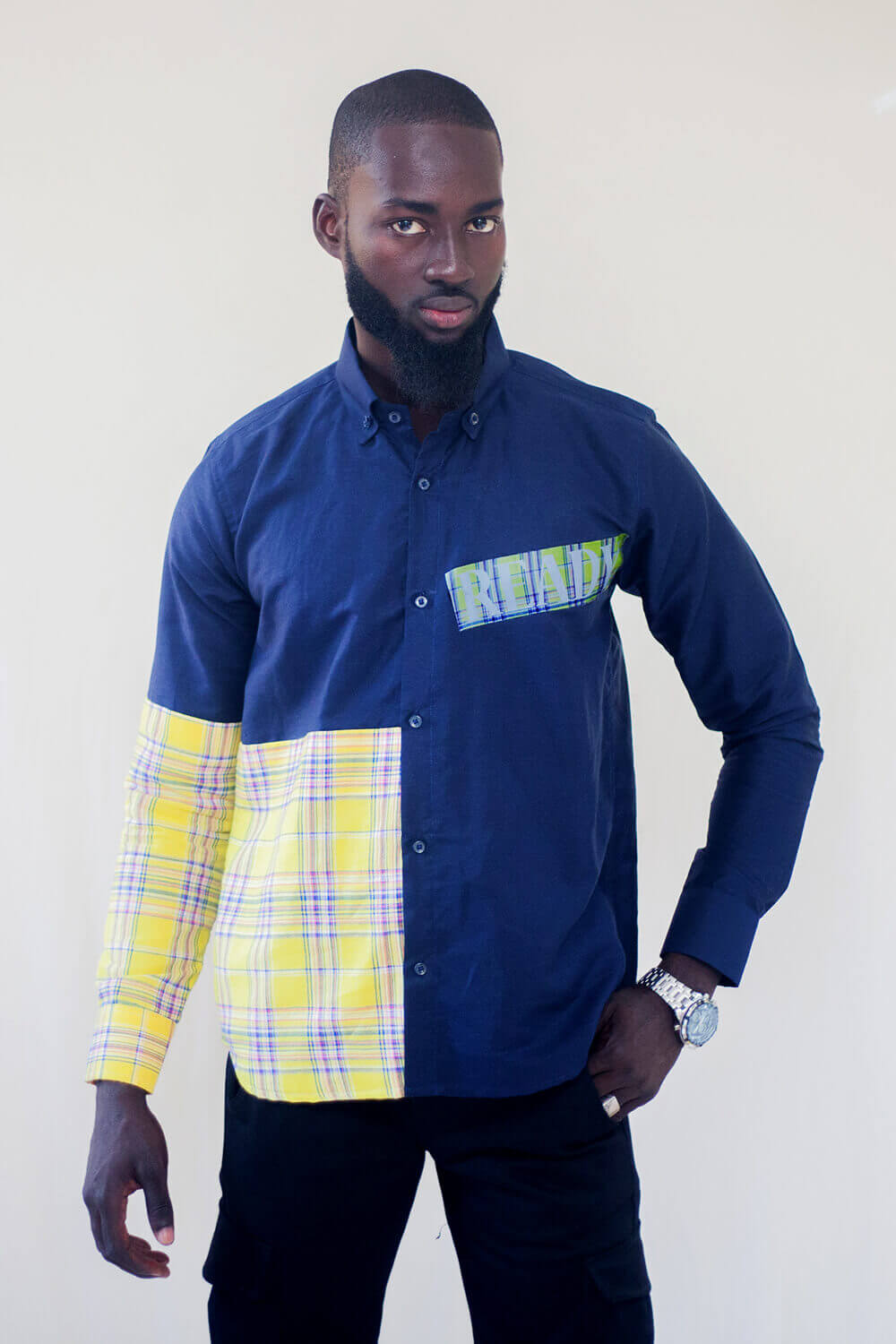 Chemise boutonnée imprimé tissu carreaux pour hommes (Bleu/ Jaune)