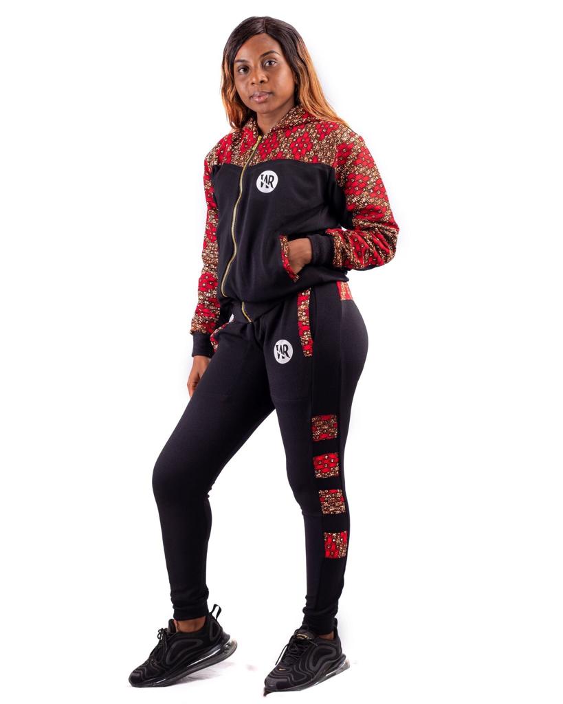 Reder Jogging à capuche imprimé africain pour femmes (Noir /Pagne rouge noir)