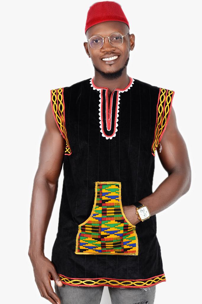 Tenu africaine Toghu imprimé de kita unisexe (Noir Rouge Or)