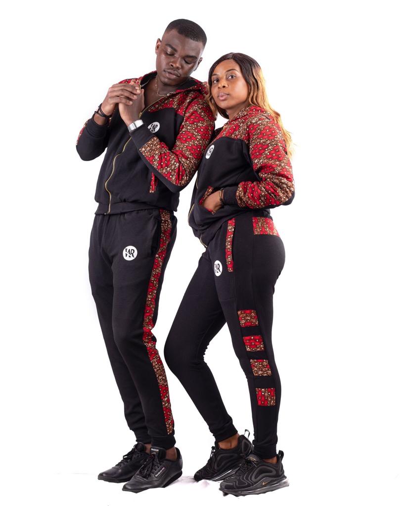Reder Jogging à capuche imprimé africain pour femmes (Noir /Pagne rouge noir)