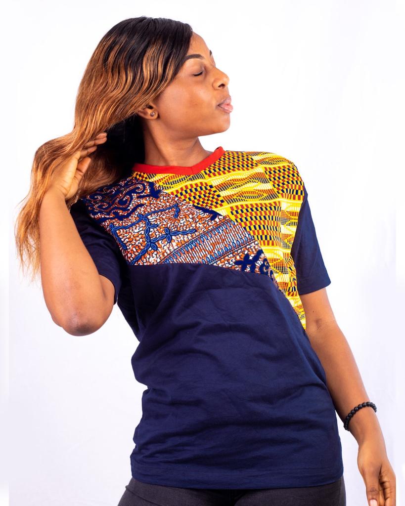 T-shirt à manches courtes imprimé africain hommes (Marron jaune sur bleu)