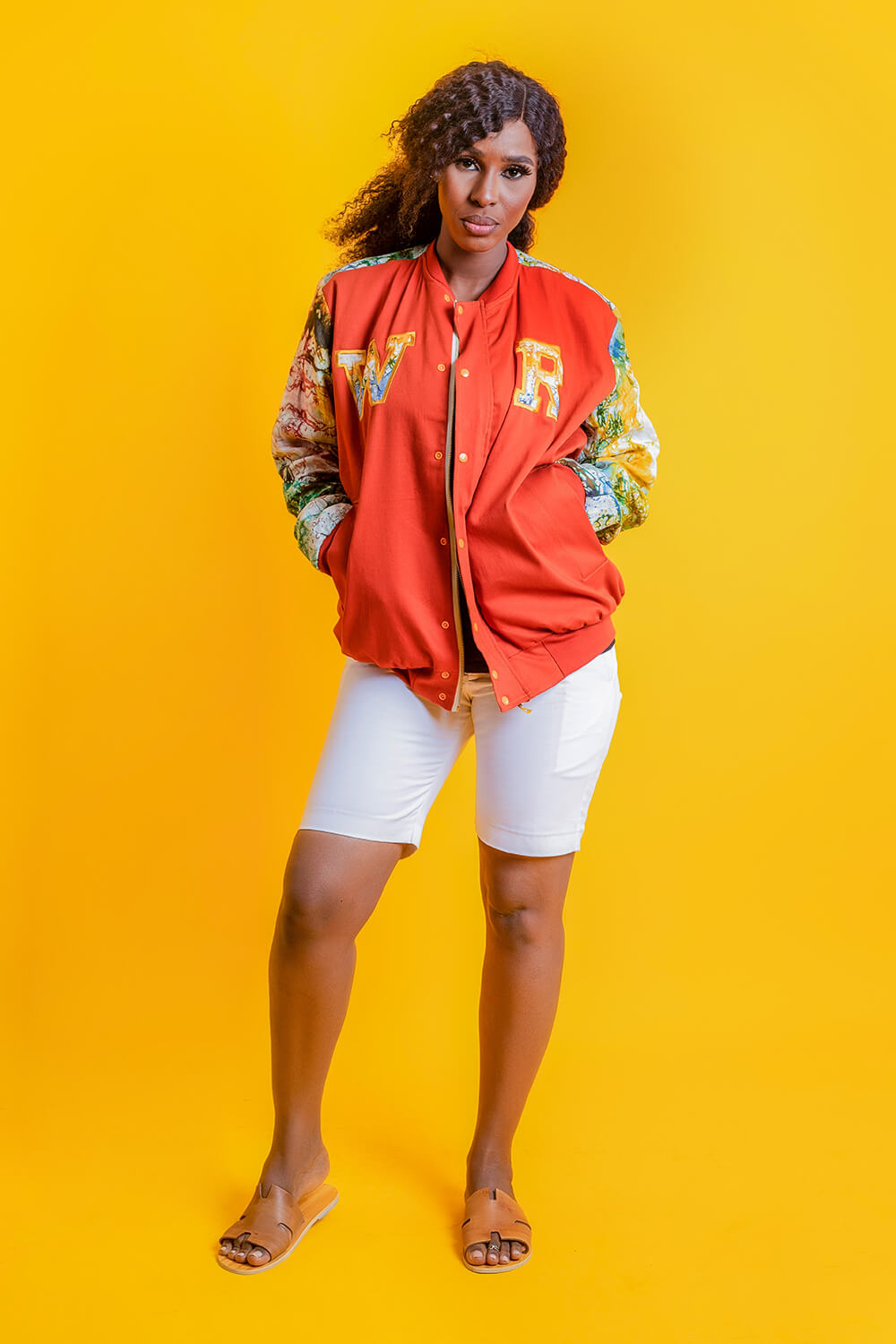 Bombers baseball gold africain imprimé bogolan (Orange Vert Jaune)