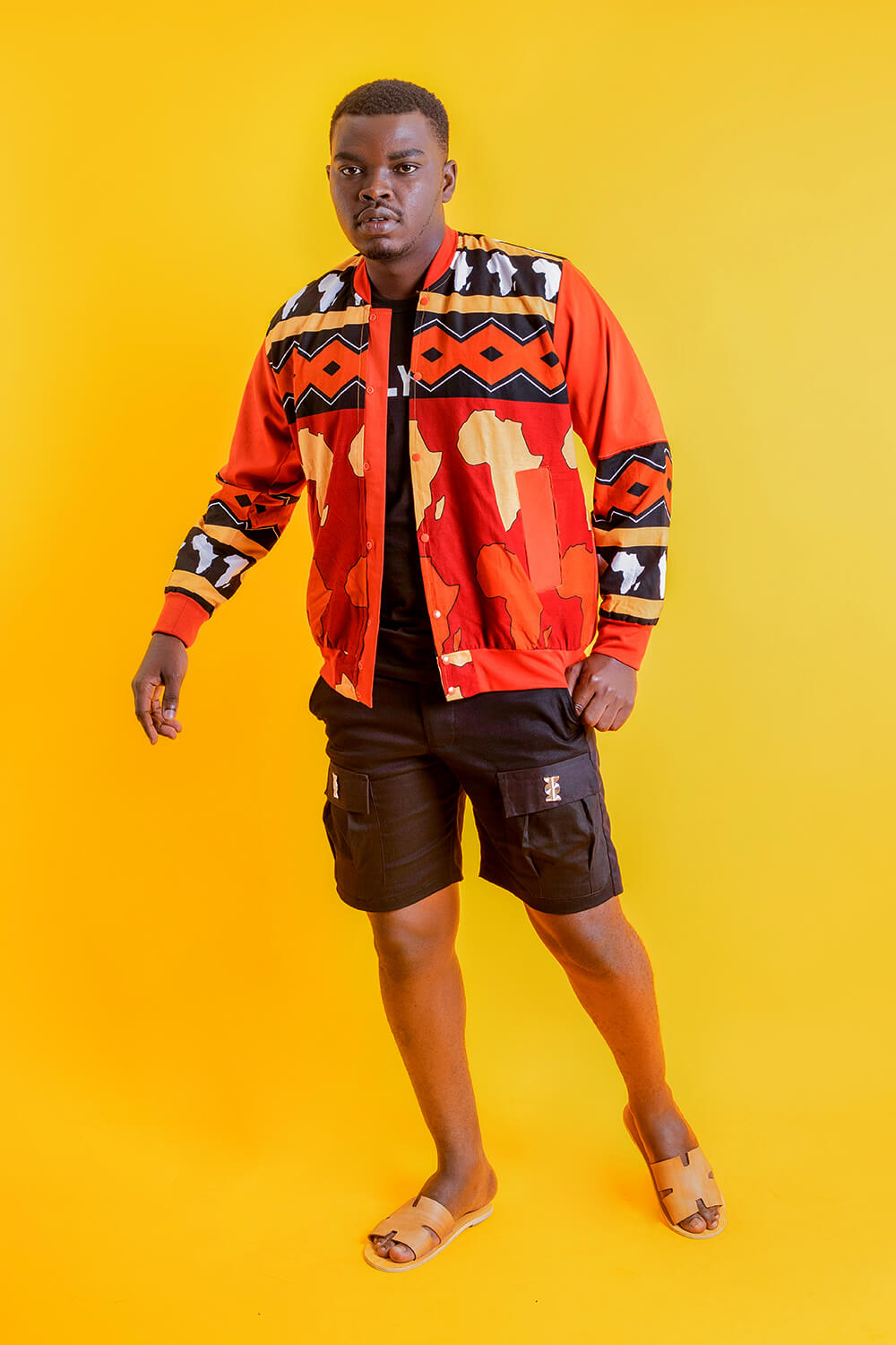 Bomber Africa imprimé bogolan (Noir Rouge Jaune)