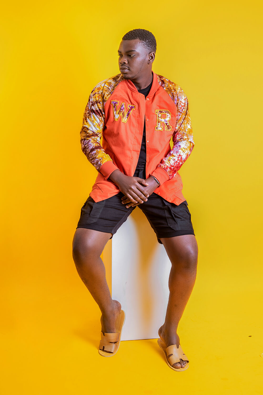 Bomber baseball indigo imprimé (Orange Blanc)