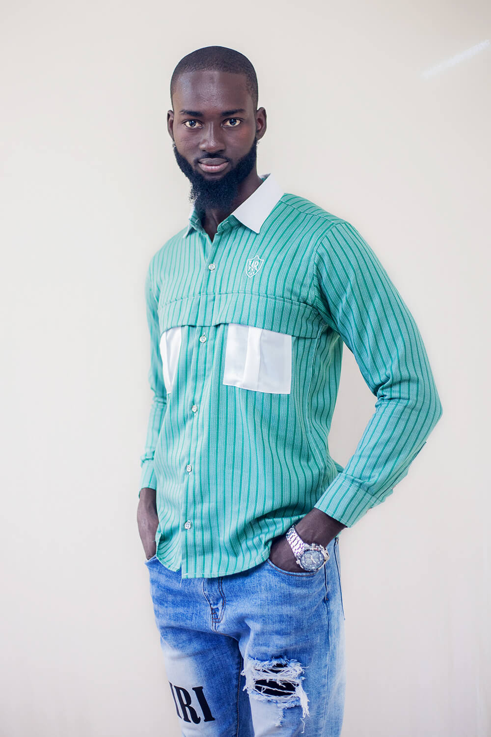 Chemise en soie boutonné au col classique pour homme(vert/ Blanc)