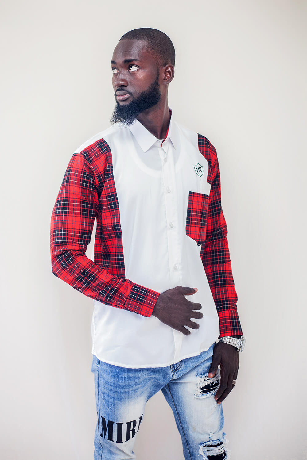 Mi-bûcheron chemise boutonnée pour hommes (Blanc / Rouge / Noir)