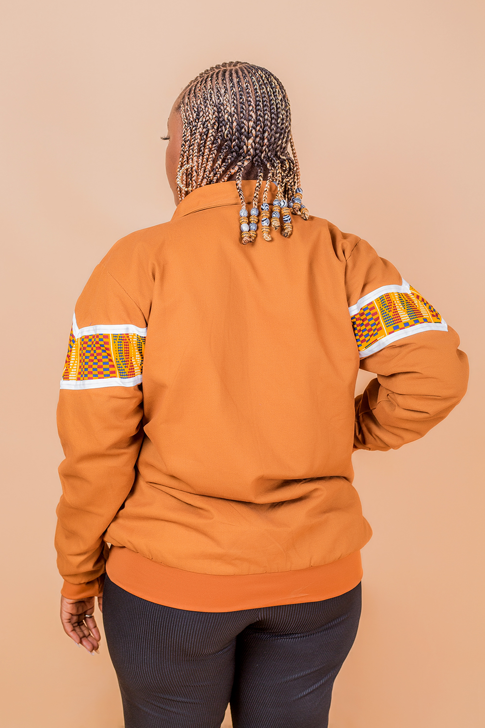 Bomber à col large à imprimé africain pour femmes (Marron/ Blanc)