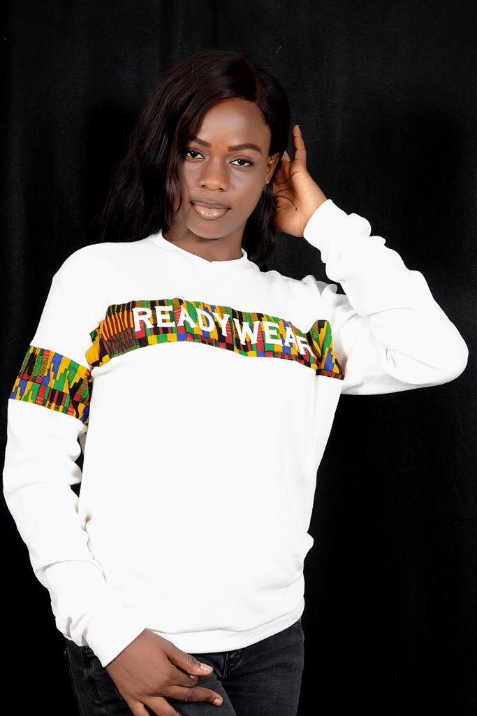 T-shirt à manches longues col imprimé africain Kita unisexe (H/F - Blanc Vert Jaune)