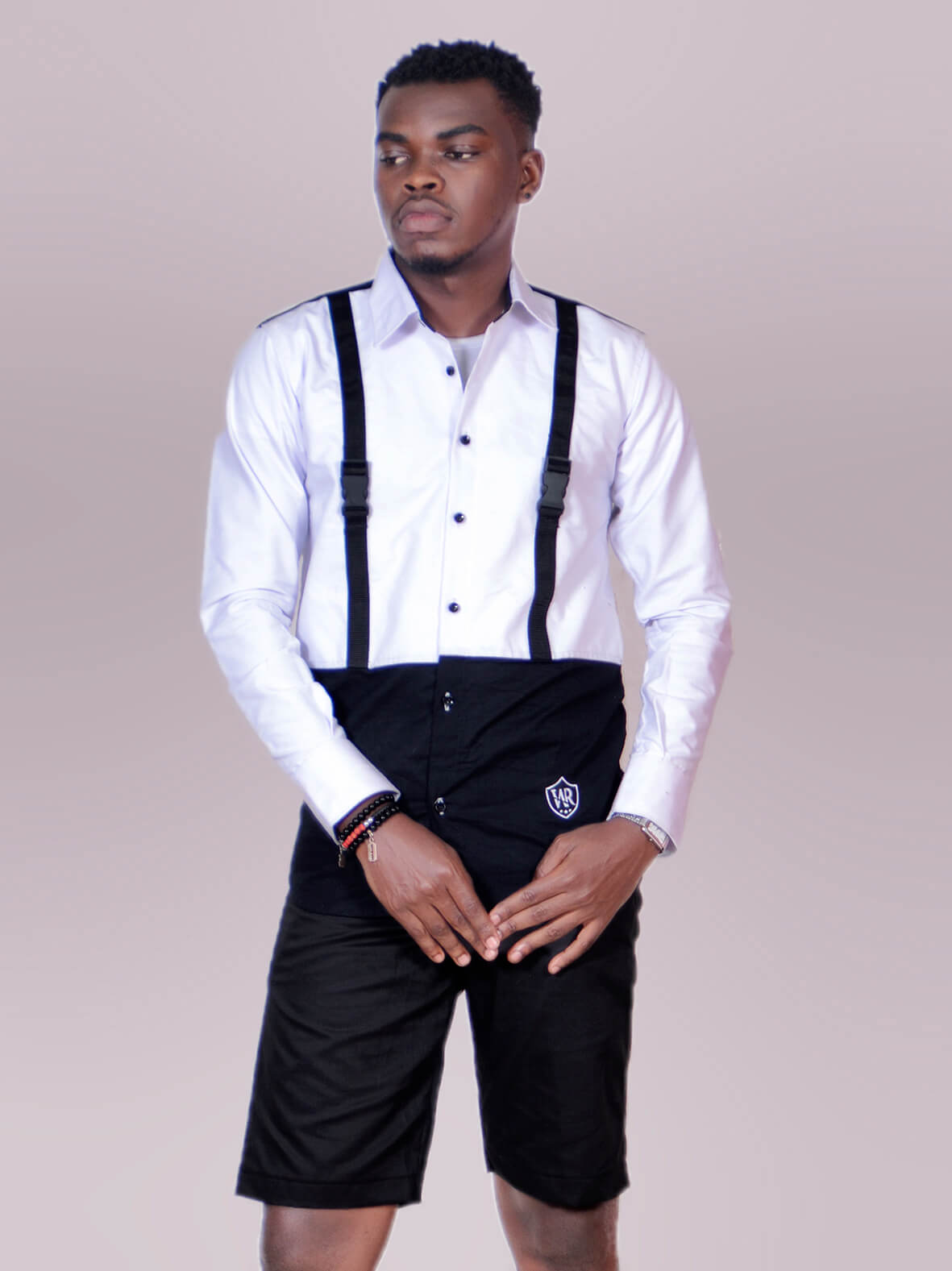 Chemise boutonné à demi bretelle pour hommes (noir / blanc)