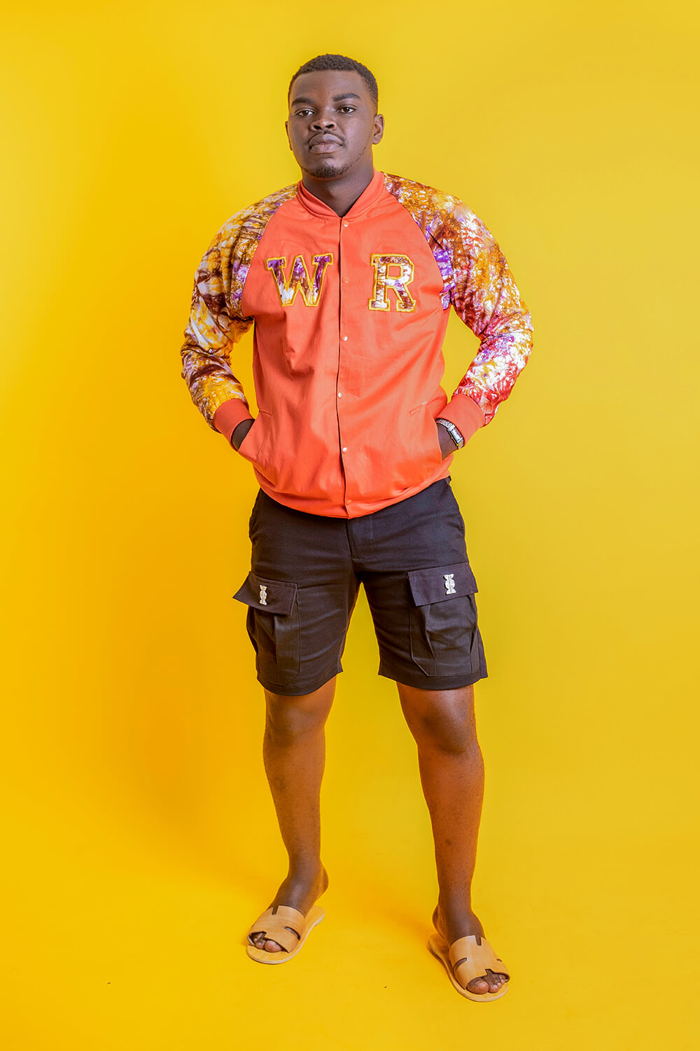 Bomber baseball indigo imprimé (Orange Blanc)