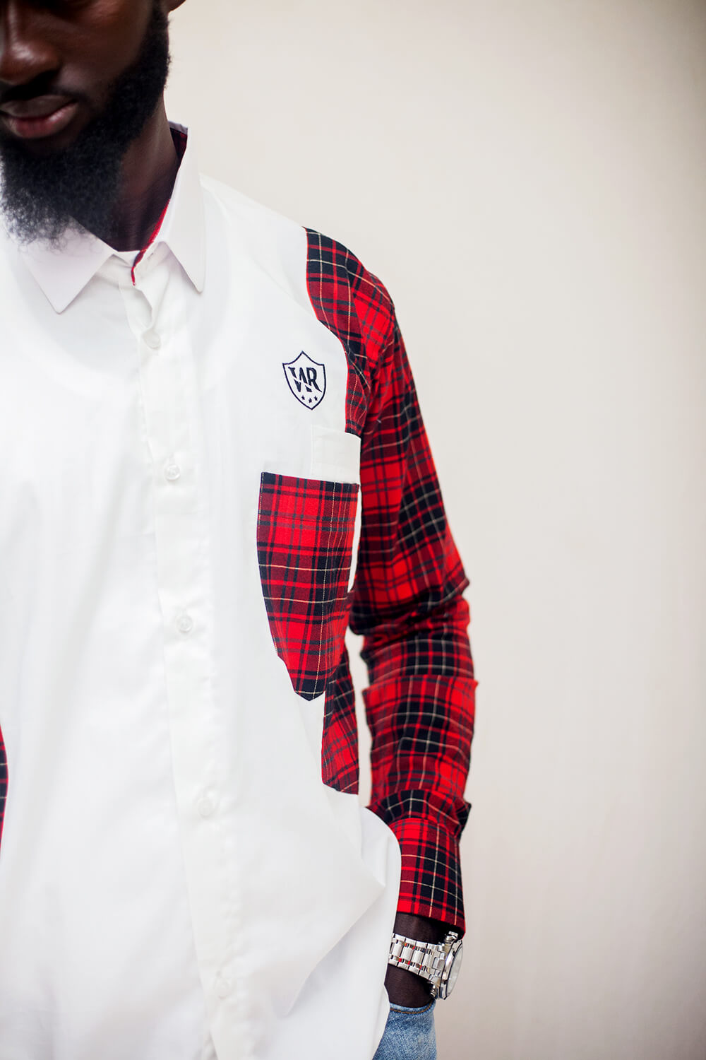 Mi-bûcheron chemise boutonnée pour hommes (Blanc / Rouge / Noir)