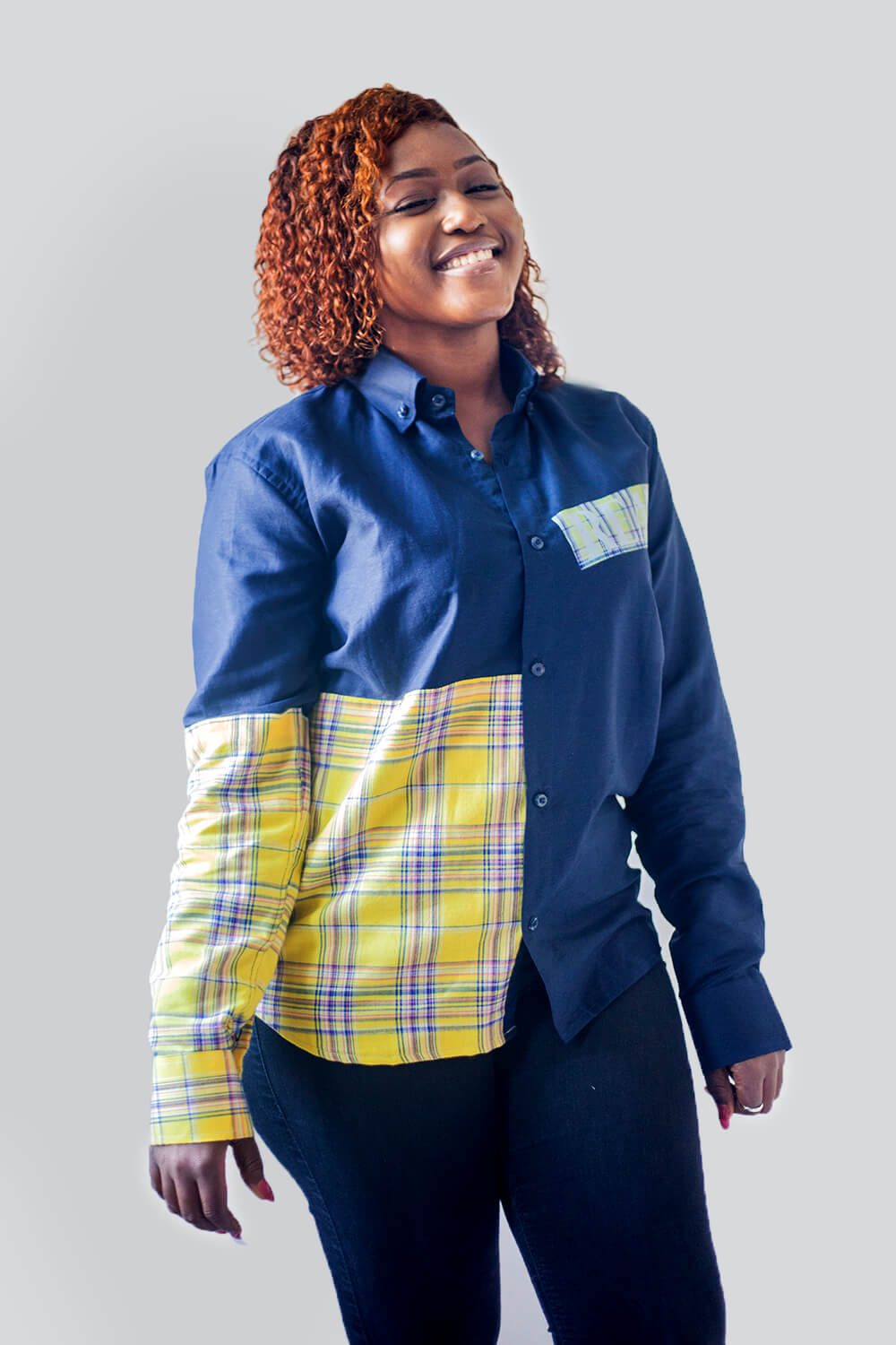 Chemise boutonnée imprimé tissu carreaux pour femme(Noir/ Jaune)