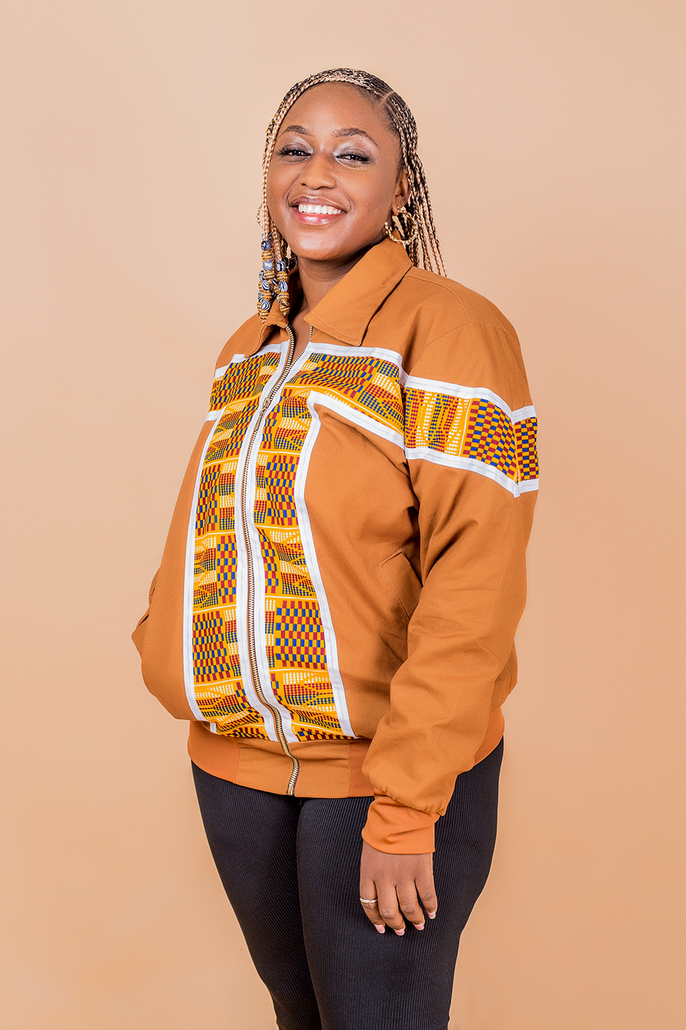 Bomber à col large à imprimé africain pour femmes (Marron/ Blanc)