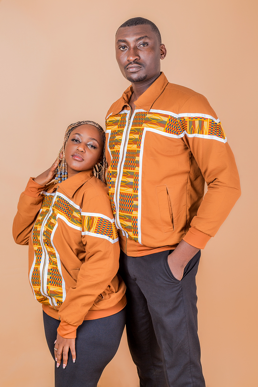 Bomber à col large à imprimé africain pour femmes (Marron/ Blanc)