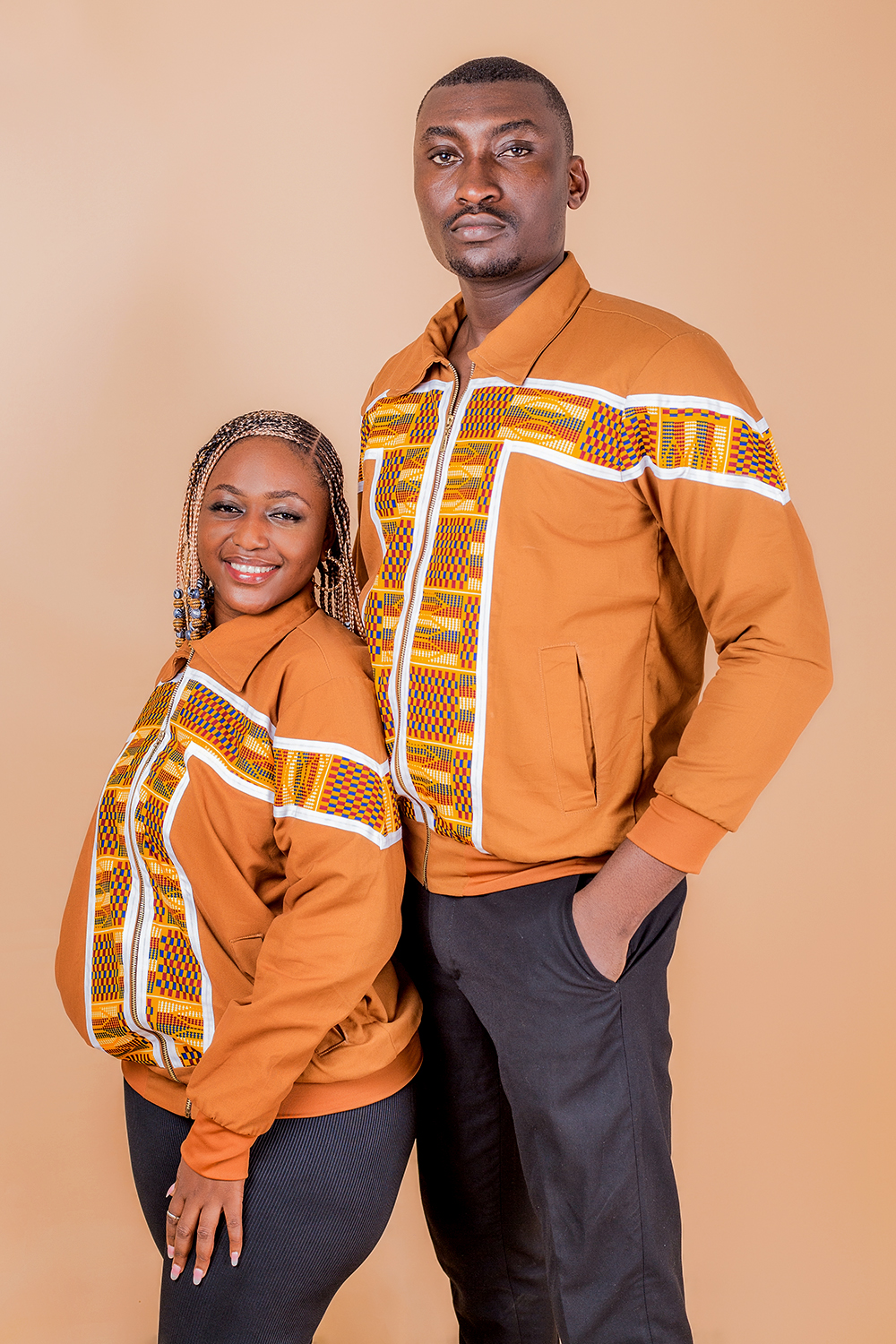 Bomber à col large à imprimé africain pour homme (Marron/ Blanc)